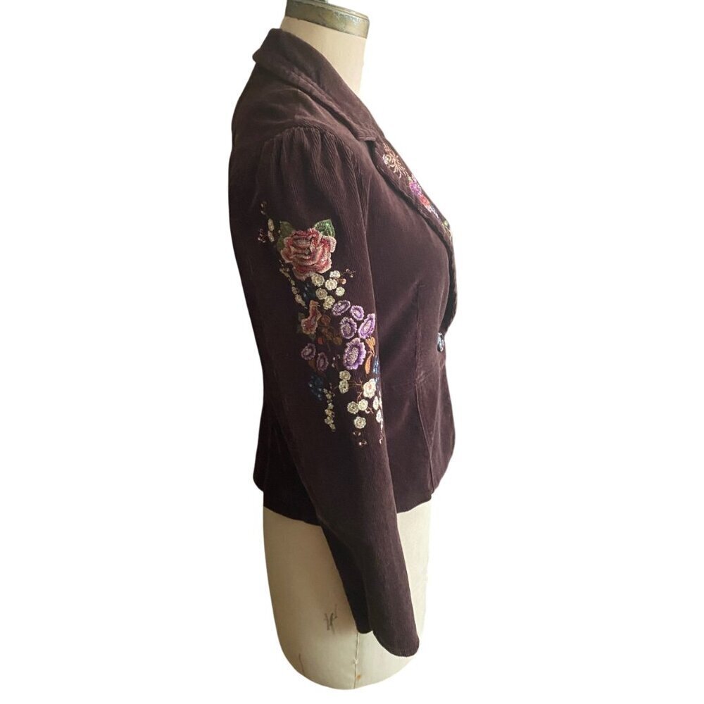 Y2K corduroy floral embroidered dark brown True Meaning blazer jacket - Picture 12 of 16